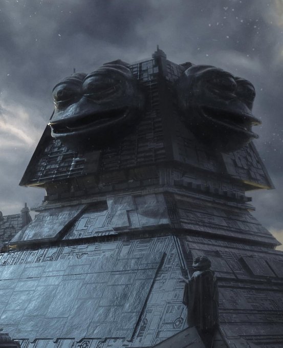 A digital artwork depicts a massive, dark, pyramid-like structure with two large, stylized stone faces on top, with a small hooded figure standing at its base beneath a cloudy, starry sky.