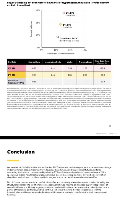 A financial document titled 'Figure 16: Rolling 10-Year Historical Analysis of Hypothetical Annualized Portfolio Return vs. Risk, Annualized' compares 1% BTC, 2% BTC, and Traditional 60/40 portfolios, concluding that bitcoin acts as a strategic complement to conventional holdings.