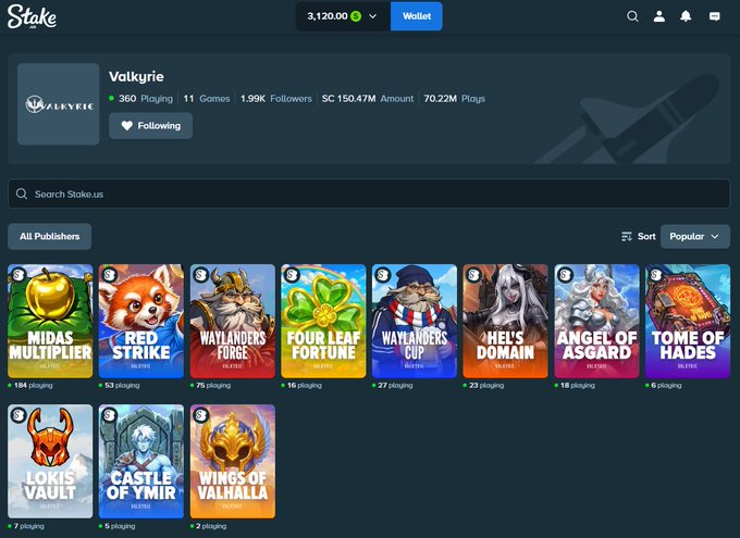 A screenshot of the Stake.us platform showing the Valkyrie game publisher profile, which boasts 360 playing users, 1.99K followers, 150.47M in SC, and 70.22M plays, with popular slots like Midas Multiplier, Red Strike, Waylanders Fortune, and Four Leaf Fortune displayed below. The image aligns with the post's promotion of a $300 bonus giveaway for a follower, showcasing where users can pick from Valkyrie's selection of slot games.