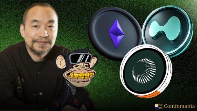 A promotional graphic features a man alongside a cartoon ape wearing virtual reality goggles, with logos for Ethereum, a Coinbase-style emblem, and another cryptocurrency token against a green background.