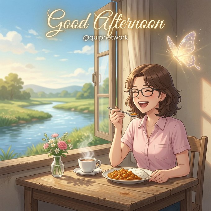 An anime-style illustration of a smiling young woman with glasses eating from a spoon at a wooden table by an open window overlooking a green river landscape, with the text 'Good Afternoon @quipnetwork' and a glowing butterfly.