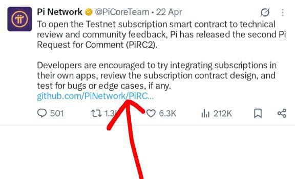 A screenshot of a Pi Network (@PiCoreTeam) tweet from April 22 announces the release of the second Pi Request for Comment (PIRC2), inviting developers to review the Testnet subscription smart contract on GitHub, with a red arrow highlighting the link. The post comments suggest a user is asking the community to decode the meaning of this developer-focused hint from the Pi Core Team.