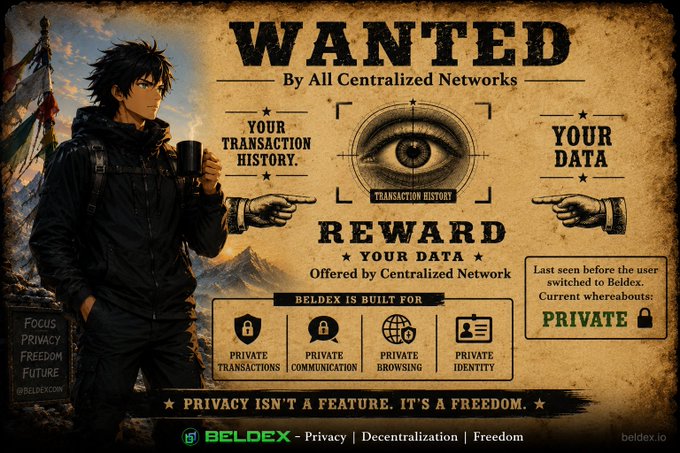 A Beldex cryptocurrency promotional poster styled like a 'WANTED' poster featuring an anime character, with text including 'By All Centralized Networks', 'YOUR TRANSACTION HISTORY', 'YOUR DATA', 'REWARD YOUR DATA', and 'PRIVACY ISN'T A FEATURE. IT'S A FREEDOM.'