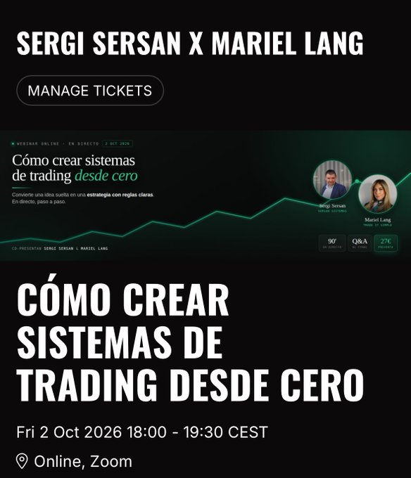 An event page for 'SERGI SERSAN X MARIEL LANG' titled 'CÓMO CREAR SISTEMAS DE TRADING DESDE CERO', scheduled for Friday 2 Oct 2026 from 18:00 to 19:30 CEST via Zoom.