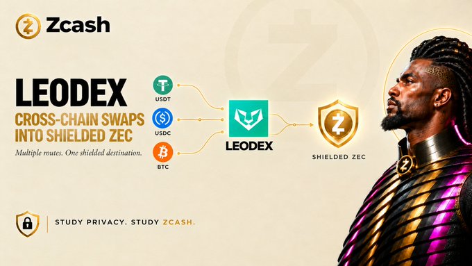 A promotional banner for 'LEODEX' on Zcash, illustrating cross-chain swaps from USDT, USDC, and BTC into Shielded ZEC, featuring a warrior character.