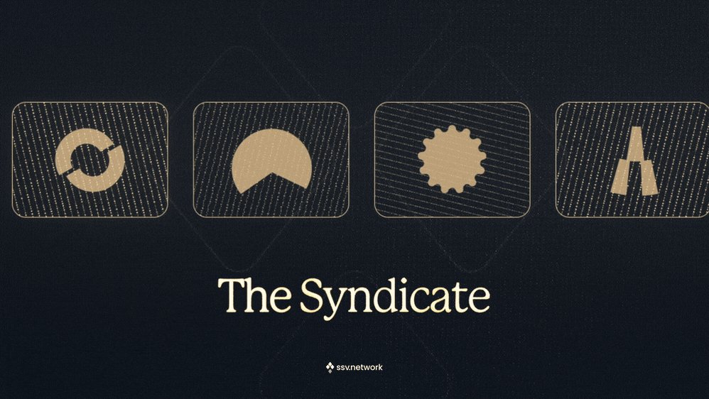 The image shows an abstract logo with five circles, one of which has a sun design inside of it. Below the logo are four lines that appear to be protocols. They are written in white against a dark background, with "The Syncedicate" written at the top and lowercase text underneath each of them. These protocols might represent different aspects or functionalities within a particular organization or project. The post's content suggests it is related to finding out on 28.05.2026 about the Syncedicate.