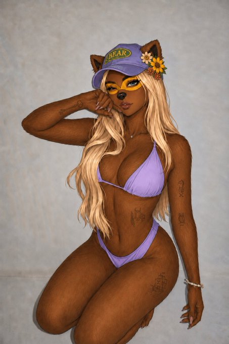 Stylized illustration of a woman in a purple bikini and cap with cat ears, wearing a yellow "BEAR" hat and eye mask.
