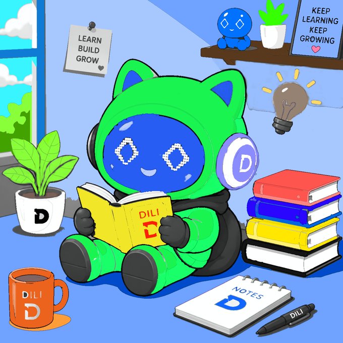A cartoon illustration of a green robot mascot reading a 'DILI' book, surrounded by learning-themed items including a mug, notebook, and motivational signs reading 'LEARN BUILD GROW' and 'KEEP LEARNING KEEP GROWING'.