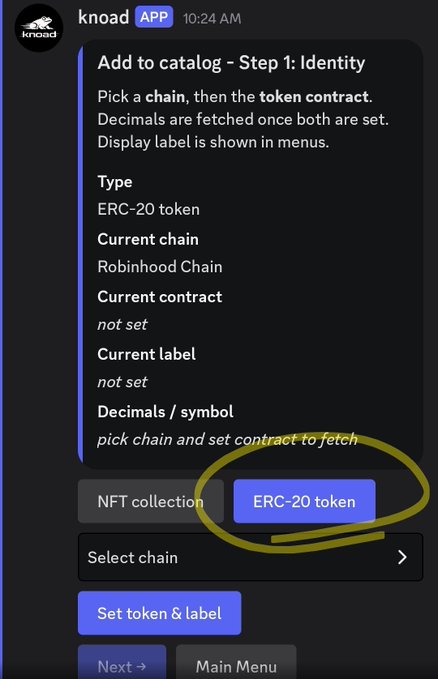 A screenshot of the 'knoad' app interface showing 'Add to catalog - Step 1: Identity' for an ERC-20 token on Robinhood Chain, with 'ERC-20 token' circled in yellow.