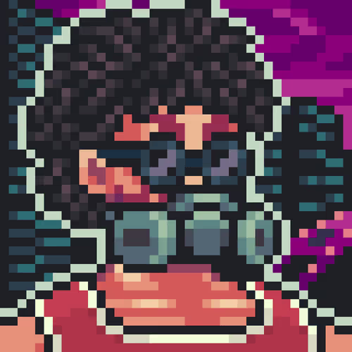 A pixel art portrait of a character wearing a dark hood, round glasses, and a red top against a purple and dark background.