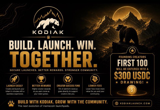 A promotional banner for "KODIAK" featuring a bear logo, with text reading "BUILD. LAUNCH. WIN. TOGETHER." and a section announcing the "FIRST 100 FOUNDING CREATORS" will be entered into a "$300 USDC DRAWING".