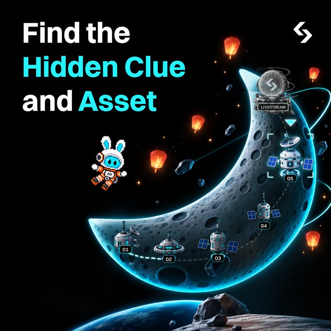 A promotional graphic titled 'Find the Hidden Clue and Asset' featuring a cartoon astronaut rabbit, a crescent moon with numbered lunar bases (01-05), and floating sky lanterns.
