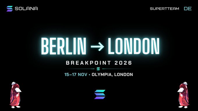 A Solana Breakpoint 2026 event promotional graphic reading 'BERLIN → LONDON' with details '15-17 NOV · OLYMPIA, LONDON', branded by SuperteamDE, featuring two penguin characters.