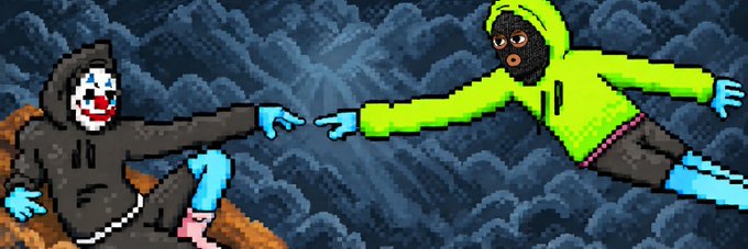 A pixel art illustration recreating Michelangelo's 'Creation of Adam' with characters wearing clown masks and hoodies.