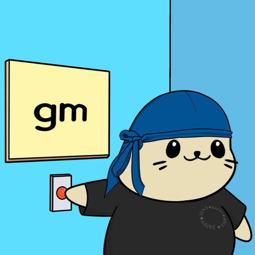 An illustrated seal character wearing a blue bandana presses a red button next to a yellow sign displaying 'gm'.