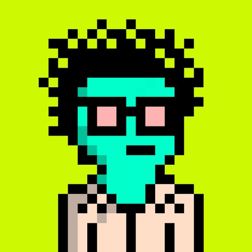 Pixel art portrait of a teal-skinned character with curly black hair and pink eyes on a lime green background.