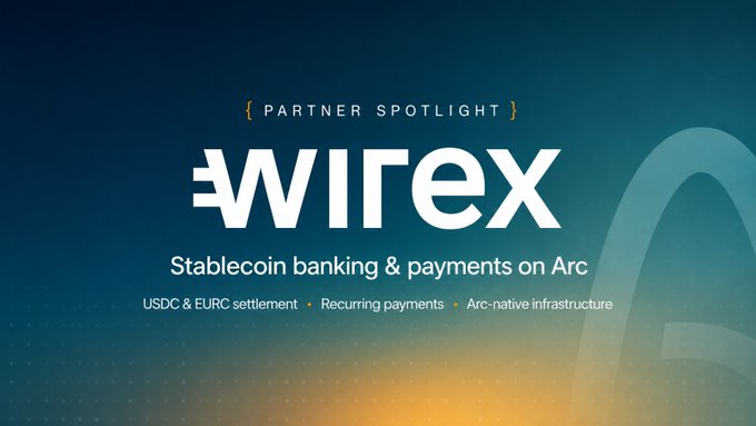 A partner spotlight promotional graphic for Wirex, describing it as 'Stablecoin banking & payments on Arc' with USDC & EURC settlement, recurring payments, and Arc-native infrastructure features.