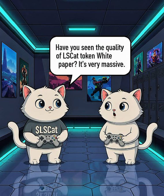 An illustration of two white cartoon cats in a gaming room, with one cat wearing an '$LSCat' shirt and a speech bubble saying 'Have you seen the quality of LSCat token White paper? It's very massive.'