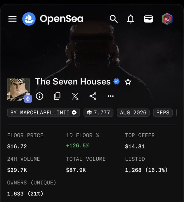 An OpenSea NFT collection page for 'The Seven Houses' by marcelabellinii, showing a floor price of $16.72, 24H volume of $29.7K, and 1,633 unique owners.