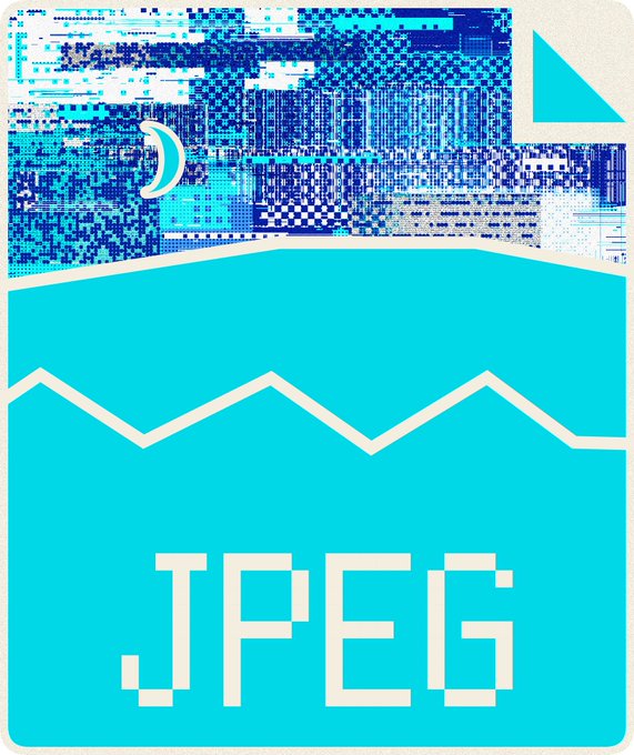 A JPEG file icon graphic with a glitched blue top showing a broken file structure, and the word 'JPEG' displayed below in a pixelated font on a cyan background.