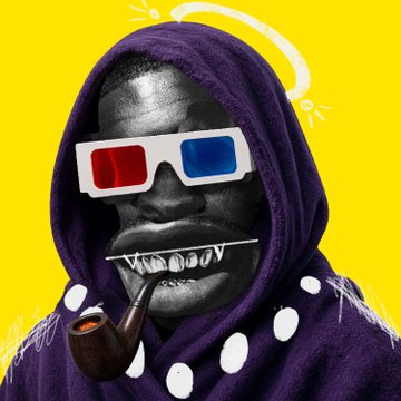 A pop-art style image with a bright yellow background depicting a person in a purple hoodie wearing red and blue 3D glasses, smoking a pipe, with white scribbles and lines around them.