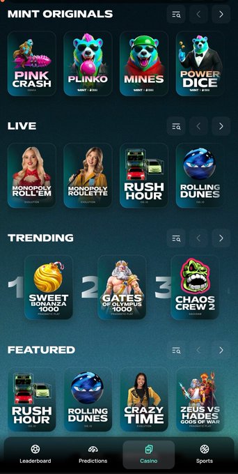 A mobile casino app displaying sections for 'MINT ORIGINALS', 'LIVE', 'TRENDING', and 'FEATURED' games including Plinko, Monopoly, Sweet Bonanza, and Crazy Time.