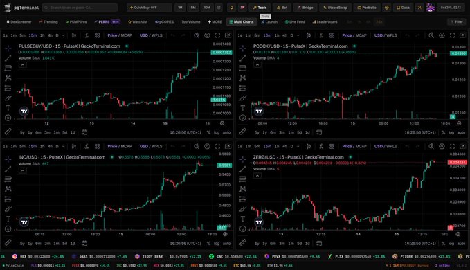 A screenshot of the GeckoTerminal decentralized exchange interface displaying four cryptocurrency charts: PULSE/USDT, PCOCK/USD, INC/USD, and ZERO/USD, all showing upward price trends.