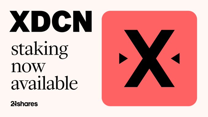 Pink and black promotional graphic for 'XDCN staking now available' by 21shares, featuring a stylized X logo.