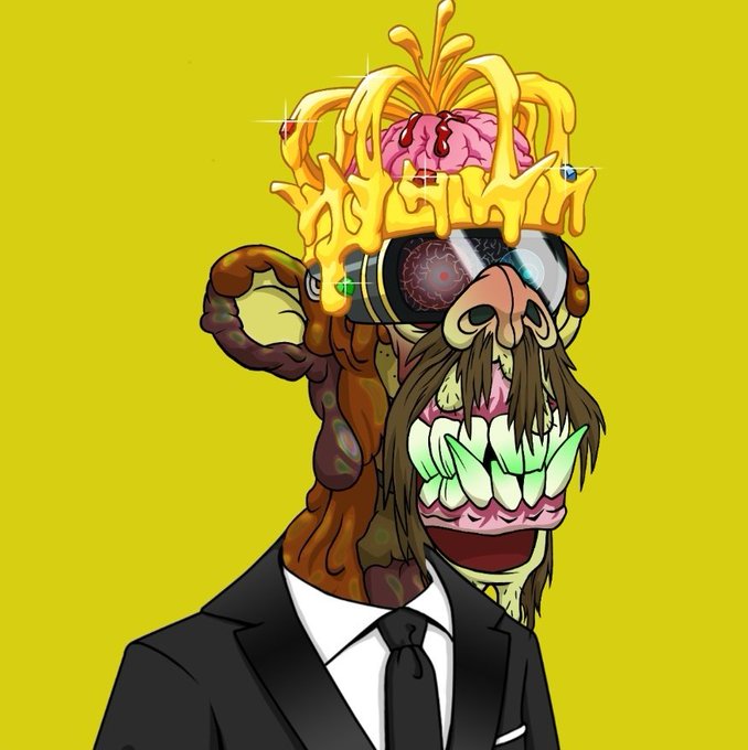 A surreal digital illustration features a grotesque figure in a black suit with a melting gold crown, exposed brain, glowing cybernetic eyes, and large teeth against a bright yellow background.