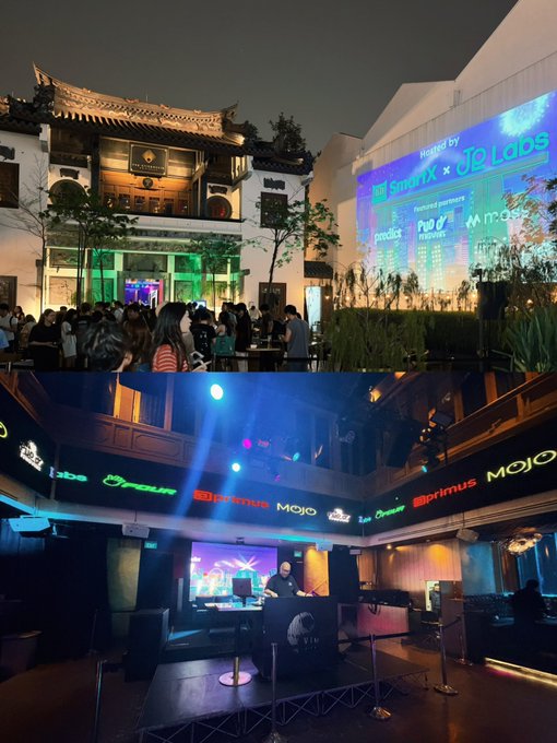 Two photos show an evening event hosted by Primus X Labs at a venue, with the top image showing an outdoor crowd near traditional architecture and the bottom showing an indoor DJ setup with sponsor logos.
