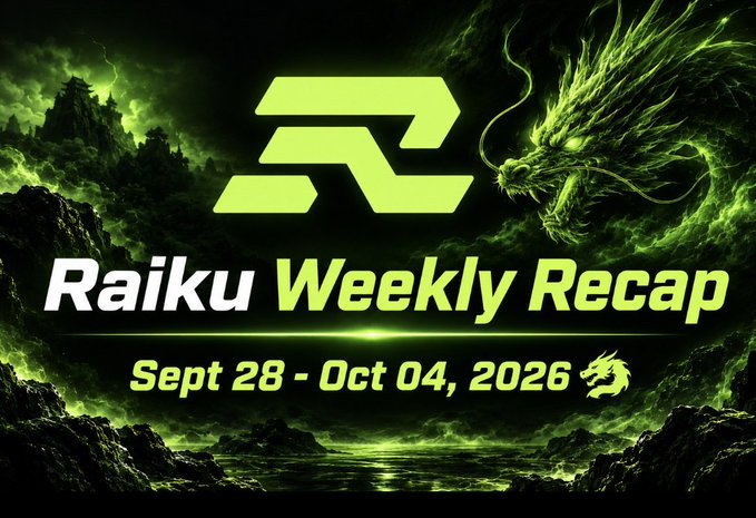 Green-themed graphic titled 'Raiku Weekly Recap Sept 28 - Oct 04, 2026' featuring a stylized Raiku logo and an illustrated dragon on the right side with a misty landscape background.