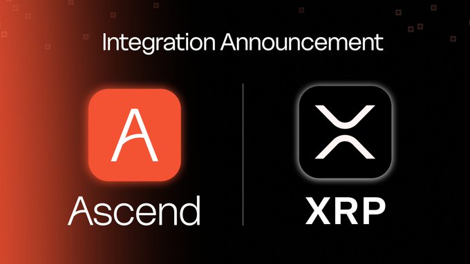 An "Integration Announcement" graphic displays the Ascend and XRP logos side by side on a dark background.