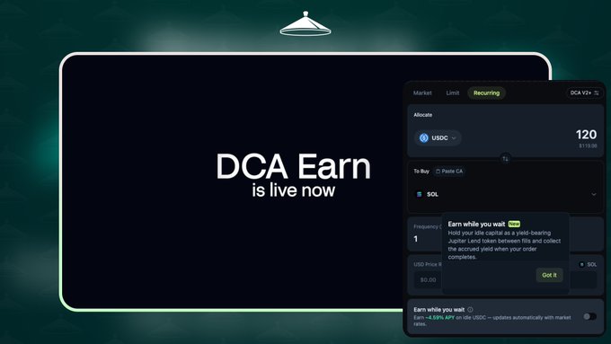The image showcases Jupiter's new "DCA Earn" feature, which allows users to earn interest (~4.55% APY) on their USDC while waiting for recurring DCA orders to fill, with a visible interface showing a $120 USDC allocation being routed through Jupiter Land to earn yield on SOL.