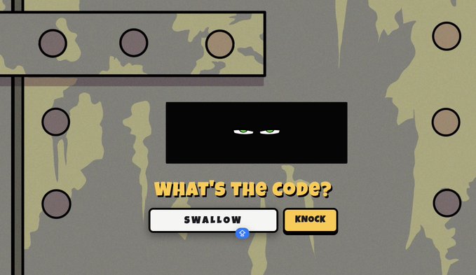 Screenshot from a puzzle game showing a metallic panel with a black screen displaying two eyes, prompting 'WHAT'S THE CODE?' with 'SWALLOW' and 'KNOCK' as options.