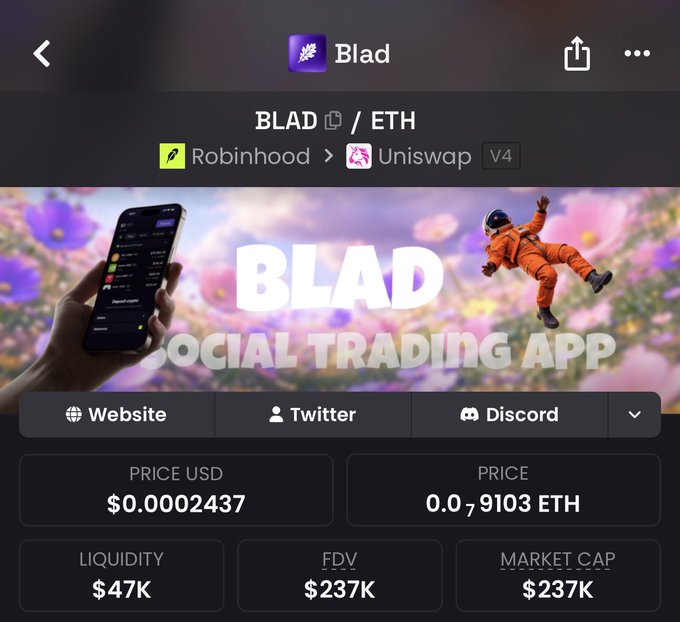 A cryptocurrency listing page for "BLAD" showing it's tradeable on Robinhood and Uniswap V4, with a price of $0.0002437 USD or 0.00009103 ETH, a liquidity of $47K, FDV of $237K, and market cap of $237K.