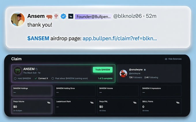 A tweet from Ansem (@blknoiz06) reads "thank you!" alongside a link to an $ANSEM airdrop claim page on Bullpen.fi, accompanied by a screenshot of the claim interface showing ANSEM as a "THE BRICK BUI" token with options to "Hold $ANSEM," "Connect X," and "Post about $ANSEM," with most metrics showing empty values ($0) except $BULL Points and PnL Volume, and a link to @smolwyne's profile with 72K followers. The image directly illustrates the airdrop claim process mentioned in the post, showing users the steps needed to become eligible for the $ANSEM airdrop on Bullpen.