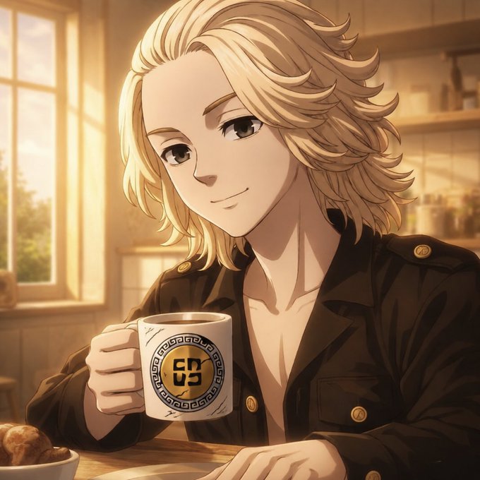 An anime-style illustration of a smiling blonde character in a black shirt holding a white mug with a '63' design.