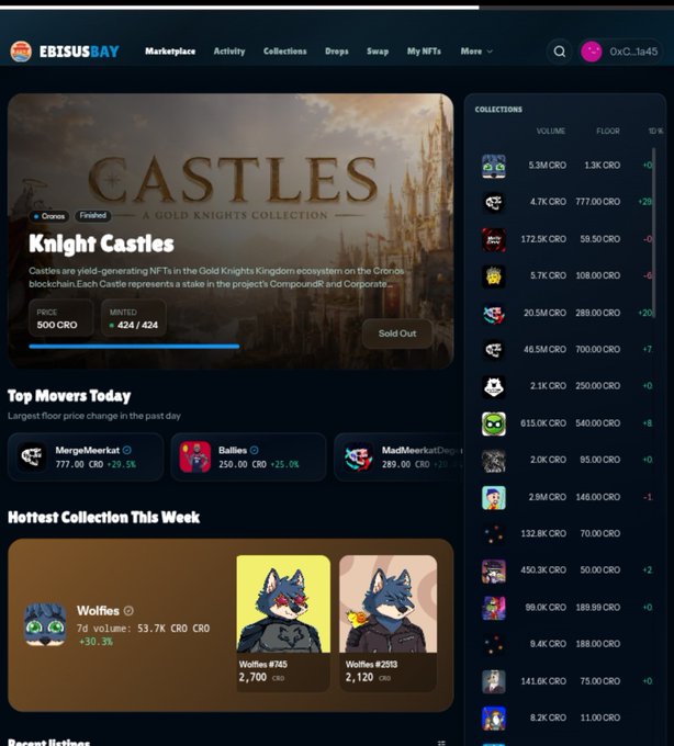 A screenshot of the EBISUSBAY NFT marketplace featuring the 'Knight Castles' Gold Knights Collection and market data for collections like Wolfies.