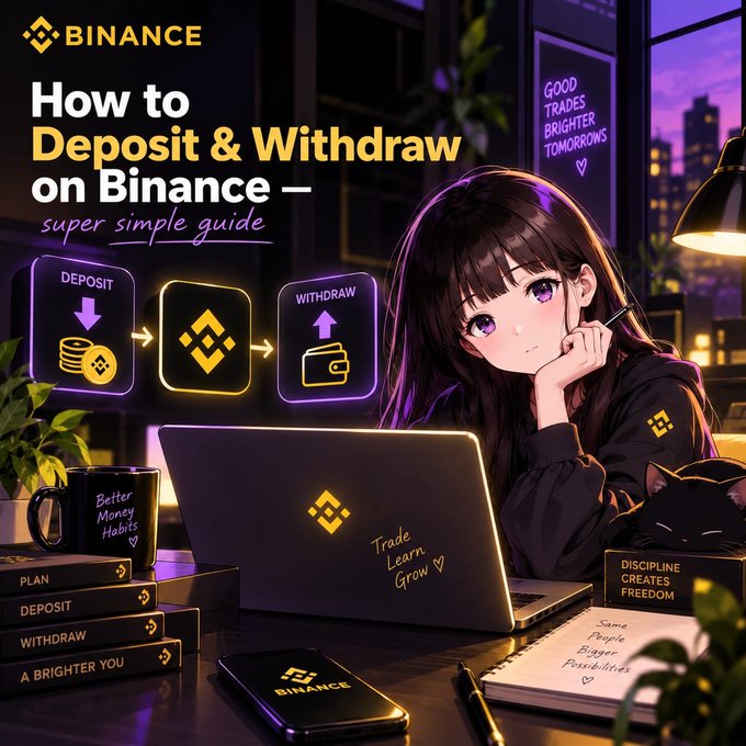 An anime-style illustration shows a girl working on a laptop with the Binance logo, titled 'How to Deposit & Withdraw on Binance – super simple guide', featuring icons for deposit and withdraw processes.