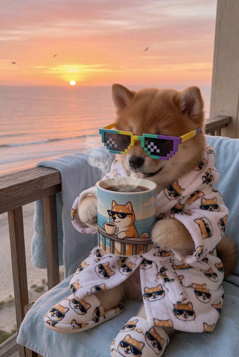 The image features a small dog wearing glasses, a robe or bathrobe, and holding a mug of coffee while sitting on a chair. The background shows an ocean view with a beautiful sunset, creating a serene atmosphere for the scene. The caption reads "GM frens!! GM $DOGE fam!! Happy Saturday!!".