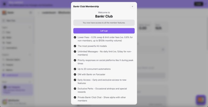 A screenshot of a 'Bankr Club Membership' welcome popup listing benefits like lower fees, unlimited messages, priority responses, and early access features.