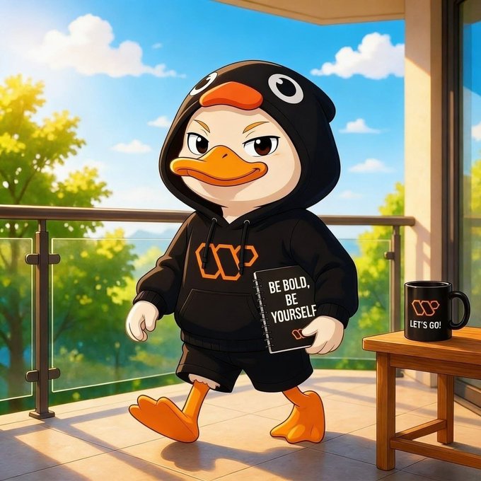 The image features a cartoon duck wearing a hoodie and holding an open book titled "Be Bold, Be Yourself" while walking across a balcony or deck area. The background includes trees and a glass railing, creating a serene outdoor setting for the scene. The caption provided in the image is related to the post about creators and AI analysis that was shared earlier.