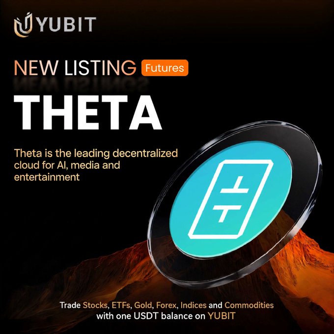 YUBIT announces the launch of THETA futures, featuring a teal coin with the Theta logo and the tagline "Theta is the leading decentralized cloud for AI, media and entertainment." The promotional graphic highlights the new $THETAUSDT perpetual futures listing and notes that users can "Trade Stocks, ETFs, Gold, Forex, Indices and Commodities with one USDT balance on YUBIT."