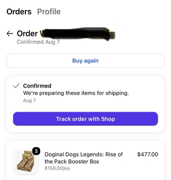 A mobile screenshot of an order confirmation page showing a purchase of 'Doginal Dogs Legends: Rise of the Pack Booster Box' for $477.00, with a status of 'Confirmed' dated Aug 7.