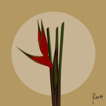 A minimalist digital illustration showing a red tropical flower with green leaves against a circular beige background on a mustard-yellow canvas, signed 'Rio H' in the bottom right corner.
