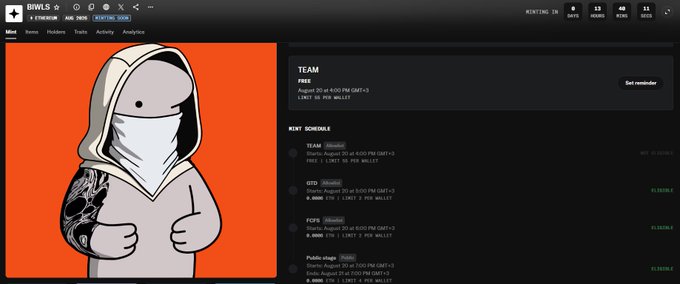 The image shows a dashboard from BIGWLLS, featuring a cartoon ninja mascot and a "Team" page with stats indicating 30 spots at 4:600 PM GMT+1 and a limit of 50 per wallet, alongside a "Next Schedule" listing Biwls, GTO, and FCFS tournaments with 0.0000 ETH buy-ins. This ties into the post by highlighting the 30 GTD (Guaranteed) spots being given away, with entry limits of 50 per wallet and a scheduled draw happening at 2 PM UTC.