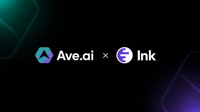A promotional graphic featuring a collaboration between Ave.ai and Ink, displaying their logos side-by-side with a multiplication symbol on a dark background with green and purple accents.