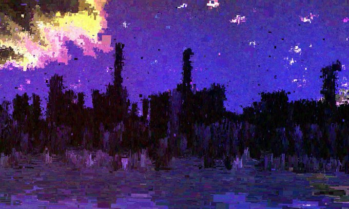 A pixelated/glitch-art style image of a dark industrial silhouette with two smokestacks against a purple sky with a bright yellow sun.