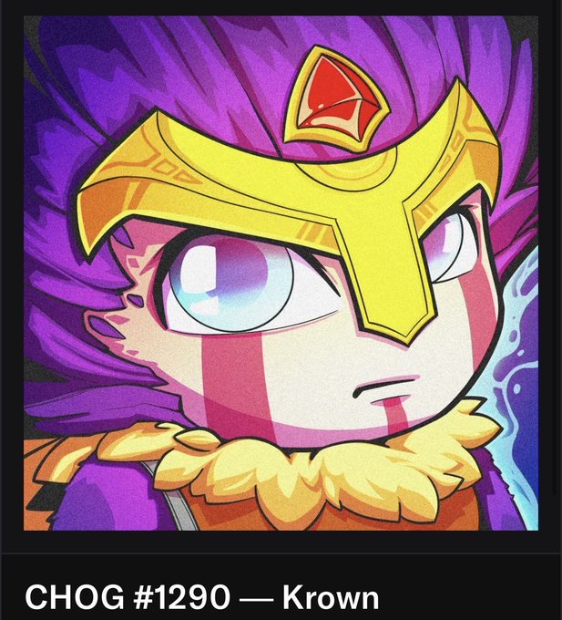 A stylized cartoon portrait of a character with wild purple hair wearing a golden crown with a red gem, captioned 'CHOG #1290 — Krown'.