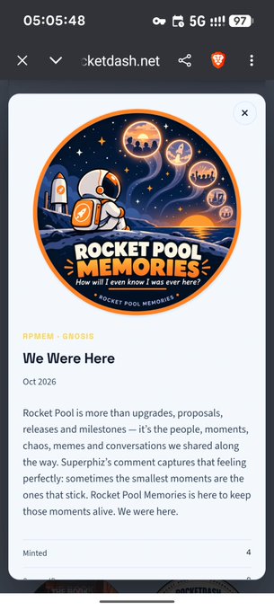A screenshot from KetDash.net displays a 'Rocket Pool Memories' NFT titled 'We Were Here' dated October 2026, featuring an illustration of an astronaut on the moon.